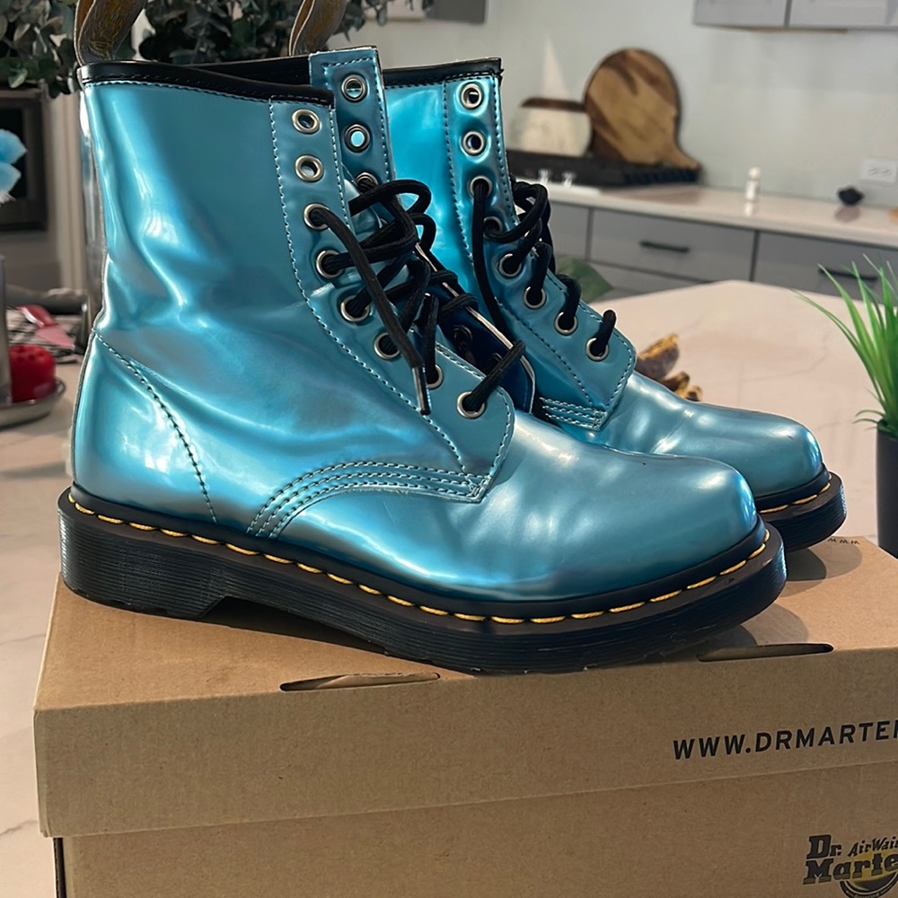 Dr Martens 1460 vegan blue gold mix boot.